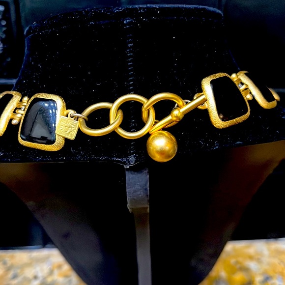 Couture Vintage Anne Klein Black $ Gold Byzantine medallion link collar necklace